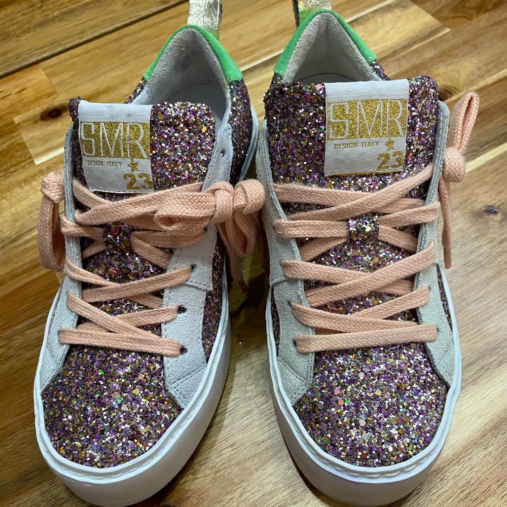 Brand New Semerdjian Pink Sparkle Sneakers w/Green and Gold. Unworn. Size 35.